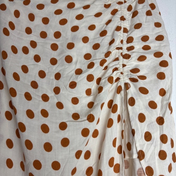 Zara Polka Dot Ruched Midi Skirt Womens XS White Brown Linen Cotton - Picture 3 of 6